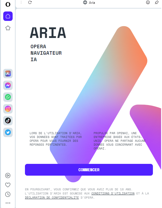 In_CorreaABJ's tweet photo. L'interface du nouveau navigateur d'Opera, doté de l'IA intégrée, semble plutôt attrayante et intuitive. https://t.co/dDX67WnRtQ