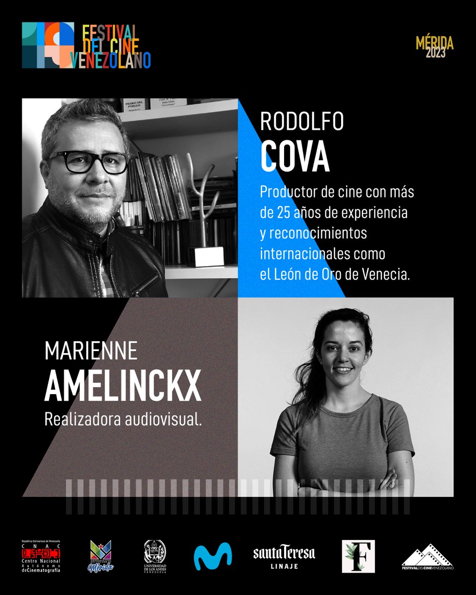 Ponentes invitados al PENSAMIENTO VISUAL: “El Festival de Cine como plataforma para impulsar tu carrera” que se realizara los días 26, 27 y 28 de junio.

- ELIZABETH PIRELA

- IRVING CORONEL

- MARIANNE AMELINCKX

- RODOLFO COVA