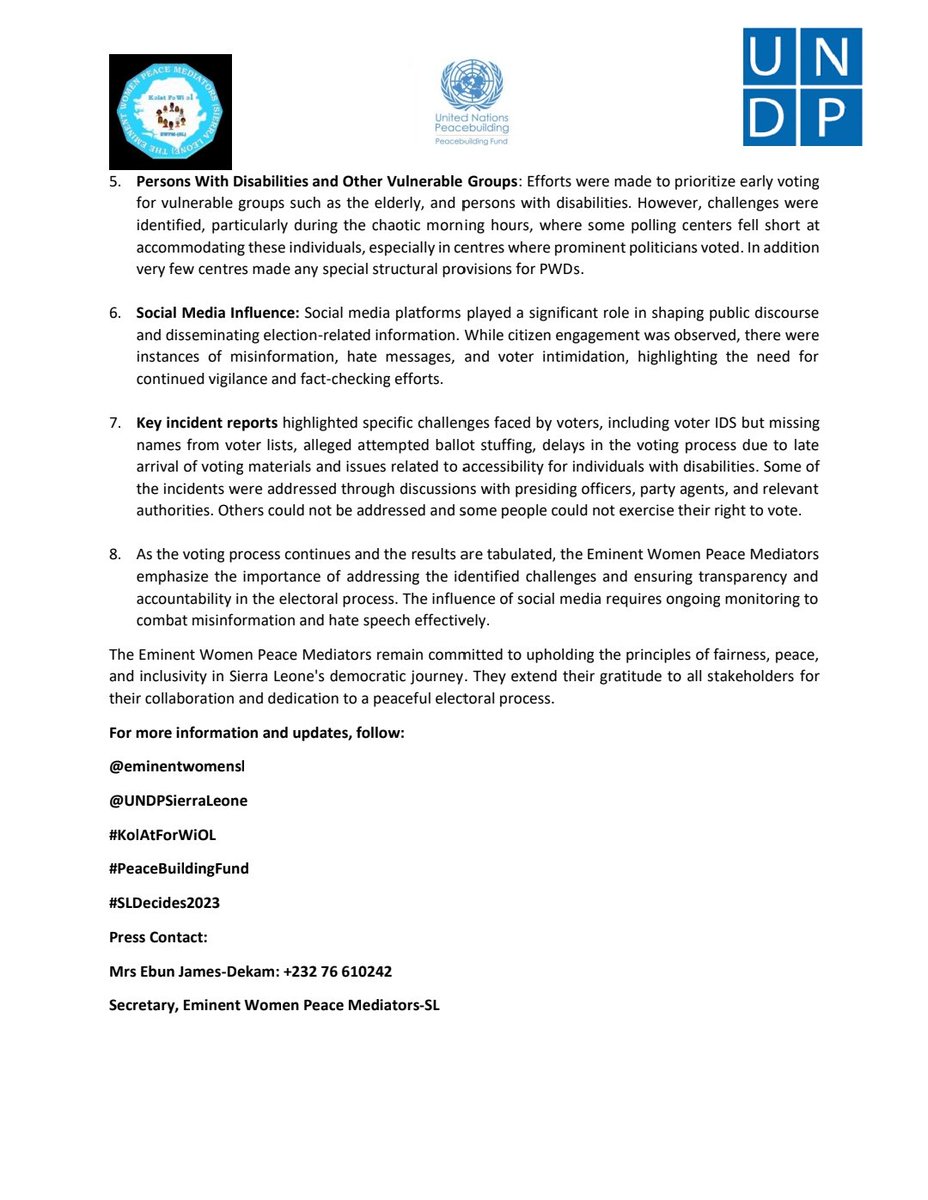 June 25th 2023 #EminentWomenPeaceMediators #press briefing supported by <a href="/UNDPSierraLeone/">UNDP in Sierra Leone</a> 
#ElectionsSituationRoom
#KolAtForWiOl