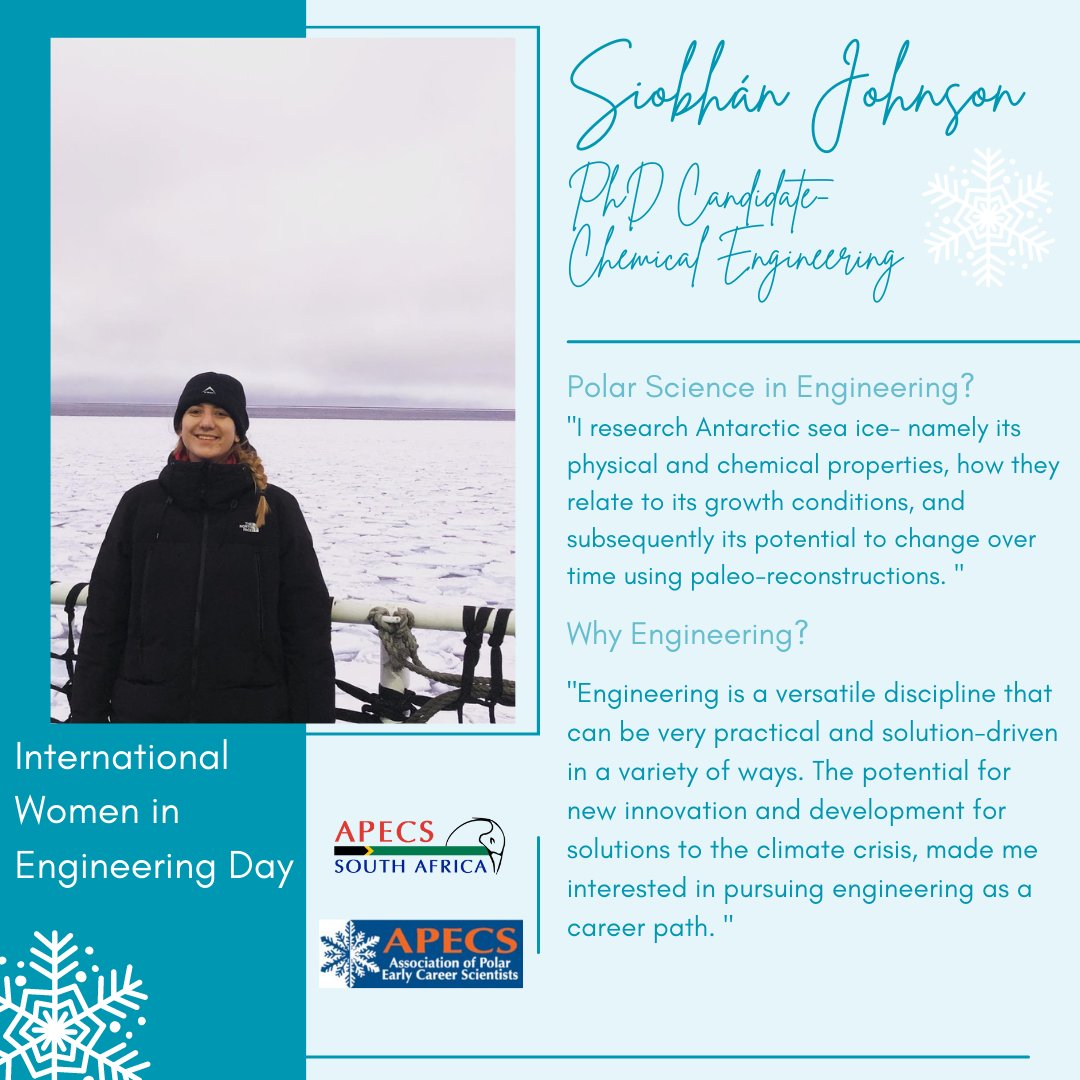apecssa's tweet photo. We are still celebrating ✨International #WomeninEngineering Day✨. We showcase how #earlycareer women link #polarscience to their respective engineering disciplines. @siobhanajohnson researches the #physical and #chemical properties of sea ice at the @BAS_News @Cambridge_Uni https://t.co/Shz9KNvvaj