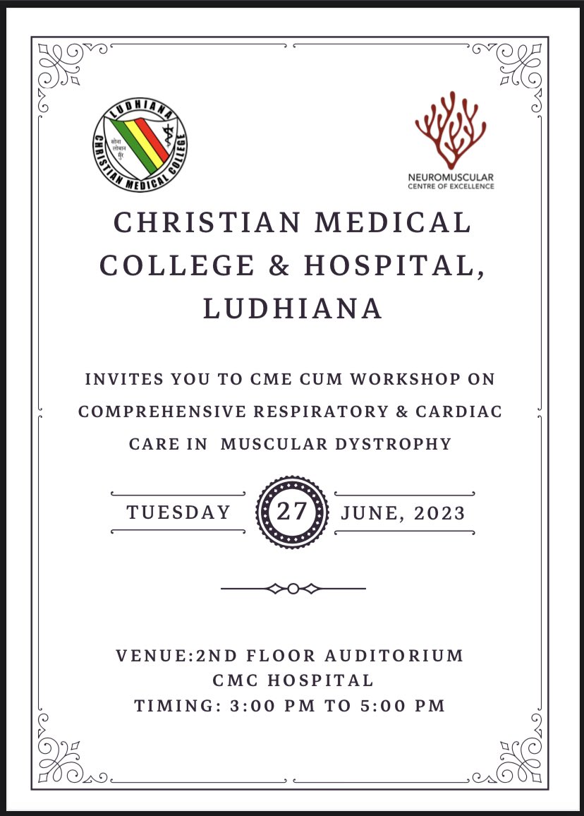 JaisonVineeth's tweet photo. Young adults with muscular dystrophy are dying of respiratory and cardiac failure. This CME cum workshop is targeted to HCWs and patients to learn and implement the best practices. 15 to 40 has been made possible through #multidisciplinarycare @CureDuchenne  @CMCLudhiana https://t.co/kwy18RBUGu