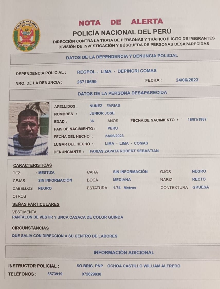 🚨 #LatinaTeBusca: Junior José Núñez Farias, de 36 años, ha desaparecido. El agente PNP fue visto por última vez en el distrito de Comas, el pasado viernes 23 de junio. Viste con pantalón sastre y una casaca color guinda.

Cualquier información que ayude a dar con su paradero,