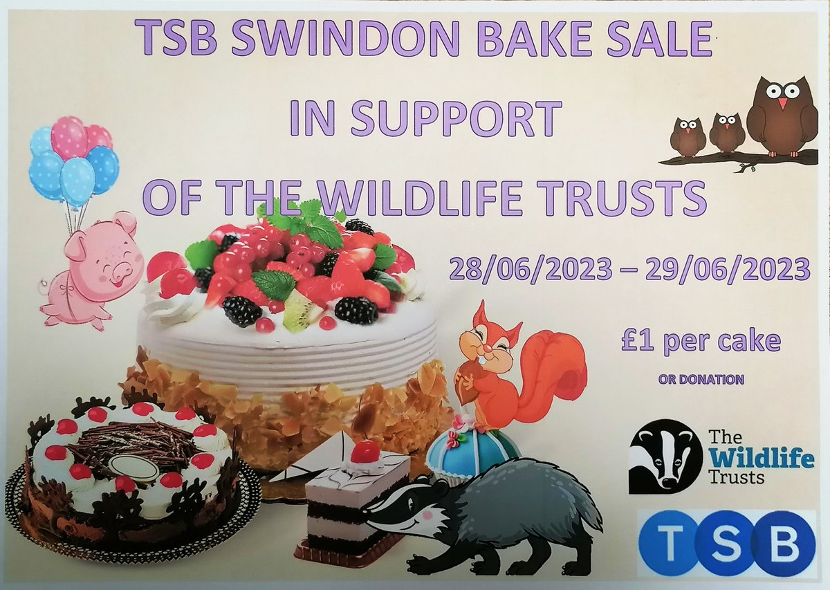 dancowen74's tweet photo. This Wednesday 28th &amp; Thursday 29th June is @TSB #Swindon Animal themed #bakesale raising funds for @WildlifeTrusts why not pop in Branch for Cake! #tsb #tsbpride #charity #lifemademore @WiltsHour @WiltsWildlife #community #cakesale Click the QR Code to donate #justgiving https://t.co/52gf57ev7k