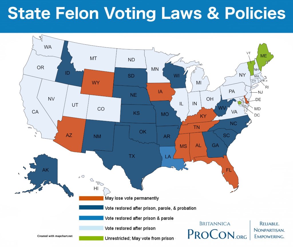 FpotusTruth's tweet photo. Since 45 will most likely be convicted in FL on felony charges, he should lose his right to vote like most felons have in FL. 

He shouldn’t get a pass on that either.

Besides that…If you’ve somehow lost your right to vote based on your felonious crime(s), or state laws, or both…anyone with common sense would say there’s no way that you can, or should be able to run for POTUS, if you can’t even vote. 

You can’t vote & exercise one of our most sacred freedoms, but you can have others vote for you? No, that doesn’t sound right. To be frank, it’s sounds un-American & it’s reeks of potential corruption. 

I have never agreed that those with felonies should be striped away of their vote. My main reason is because I’ve always thought it was a sad tactic to cripple the African American vote in America. I’ve never agreed that it should be up to the states, I’ve always thought it should be up to the federal government instead. 

But… neither one of those thoughts are a reality as of right now and as I write this. I’m looking to see if this long failed system will serve 45 the same way that it has for so many others that have felony convictions. 

A felony conviction, sticks to an African American’s record & image like glue. It is often hard for them to find even the simplest of jobs. It should stick the same way to 45. 

#OneAmerica