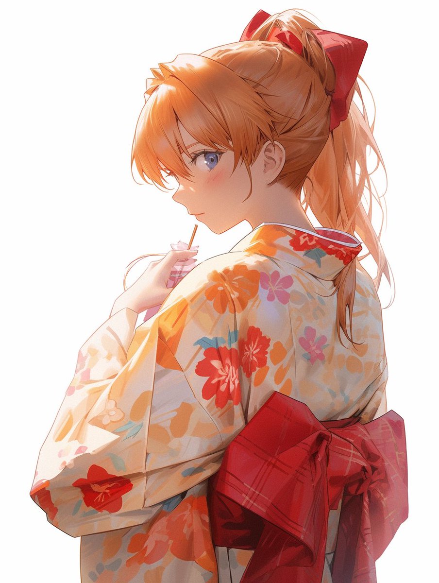 souryuu asuka langley 1girl solo japanese clothes kimono white background blue eyes looking back  illustration images