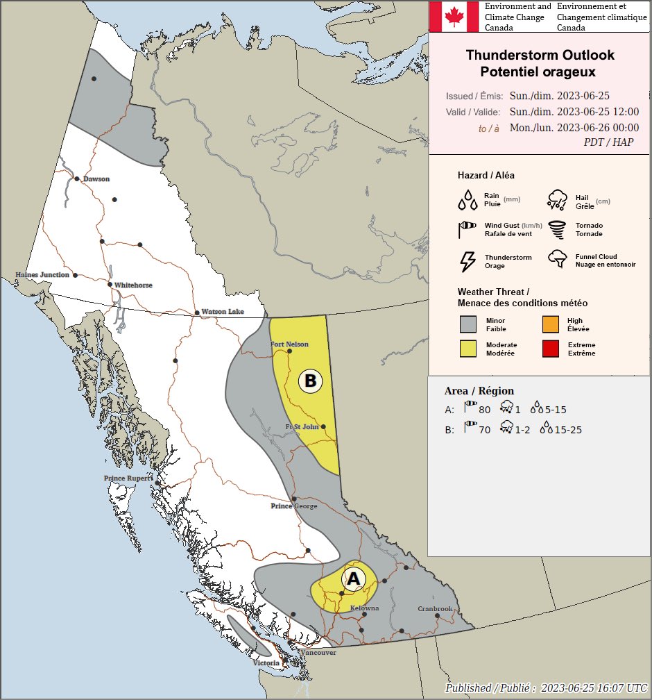 RyanVoutilainen's tweet photo. Today’s #BC thunderstorm risk map… potential for severe weather around the S #Thompson (#Kamloops/#CacheCreek), #Shuswap, #BCPeaceRiver, & #FortNelson regions. General t-storm risk in areas in grey inclg the spine of #VanIlse.
#BCwx #BCstorm https://t.co/i5f4hBmg95