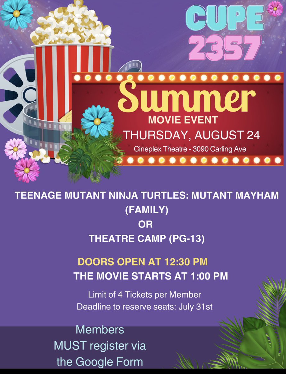 Great news- CUPE 2357 Summer Movie Event is back again this year!
Link to register, sent to personal email we have on file.