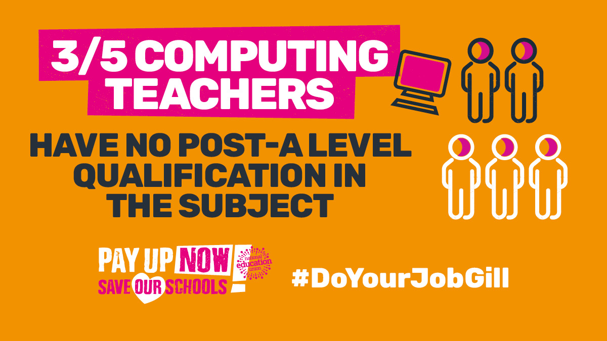 NEUnion's tweet photo. Govt’s own statistics reveal the critical shortage of specialist teachers in our schools.

NEU members don’t want to strike on 5 &amp; 7 July, but we have to #SaveOurSchools

@GillianKeegan says she wants to stop these strikes, but she hasn’t talked to us since Easter. #DoYourJobGill https://t.co/9a2v6UQ7zg