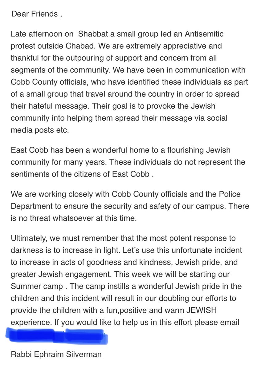 <a href="/GovKemp/">Governor Brian P. Kemp</a> <a href="/SenatorWarnock/">Senator Reverend Raphael Warnock</a> The letter from Rabbi Silverman to his congregants: 
“Ultimately, we must remember that the most potent response to darkness is to increase in light. Let’s use this unfortunate incident to increase in acts of goodness and kindness, Jewish pride and greater Jewish engagement.”