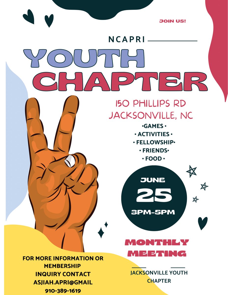 Today!!  The Jacksonville Ch is for youth-young adults! Come check it out at 3pm Phillips Rd at the park!
#ncapri #onslowcounty #youthleadership