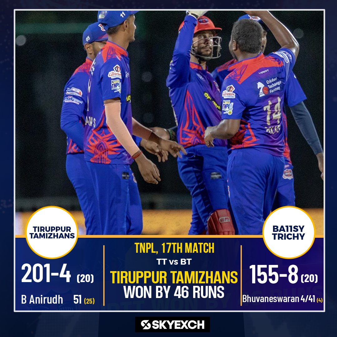 Tamizhans with a dominating all-round performance as they defeated Trichy by 46 runs.

#TNPL #TNPL2023 #T20 #SkyExch