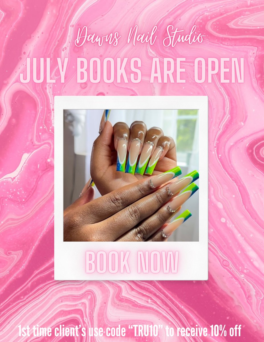 Dawns Nail Studio July books are now available for scheduling ❤️🫧
.
.
BOOK NOW TO SECURE YOUR SPOT ! 
.
.
.
.
1st Time client? Use code “TRU10” to receive 10% off 🫶🏽
📍 Reistertown RD
Text 📲 4439538405 for any questions 
.
.
.

#nailtech #baltimorenailtech #nailinspo #nails