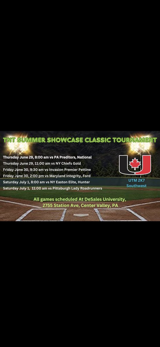 My team <a href="/UTM2K7Southwest/">UTM Revolution 2K7 Southwest</a> will be heading to Quakertown, Pennsylvania to attend the TNT Summer Showcase Tournament from June 29-July 1st. As well, I will be participating in the TNT Top College Coaches Clinic at Veterans Park on June 28th. Below is my schedule.