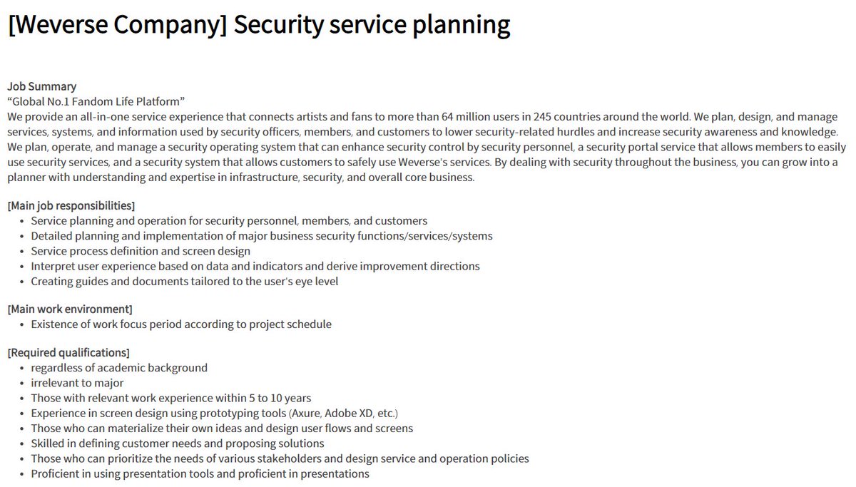 BTSARMYJobBoard's tweet photo. Here's another opportunity at @weverseofficial for Security service planning π
Practice wisdom while applying. π
https://t.co/vJrRNqaYNO
#BAJBSouthKorea #BAJBInfoTech
*Rough translation via google translate. https://t.co/PzJRiLSi5x