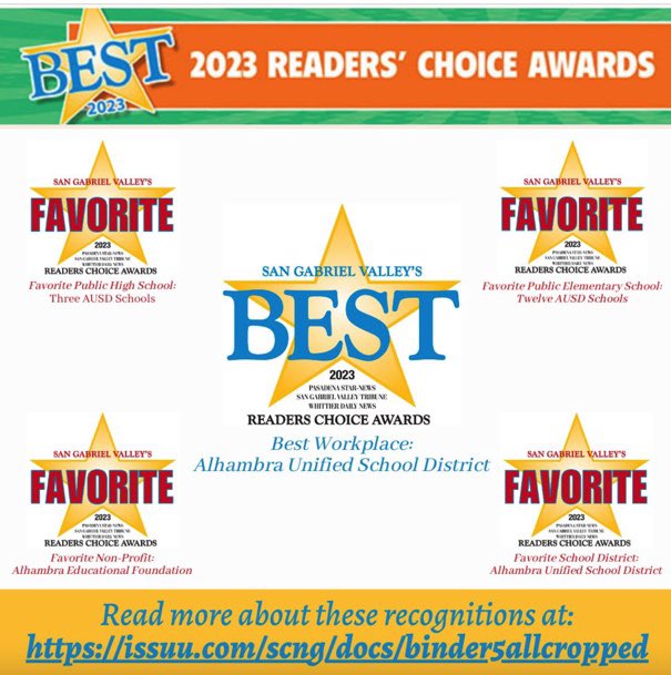 The #ReadersChoiceAwards are out‼️Thank you community + readers of #PasadenaStarNews 
￼#SanGabrielValleyTribune 
#WhittierDailyNews:
￼#AlhambraUSD won #ReadersChoiceAward for SGV 
#FAVORITESCHOOLDISTRICT + SGV #BESTWORKPLACE
￼15 AUSD schools named 
￼#FAVORITEPUBLICSCHOOL