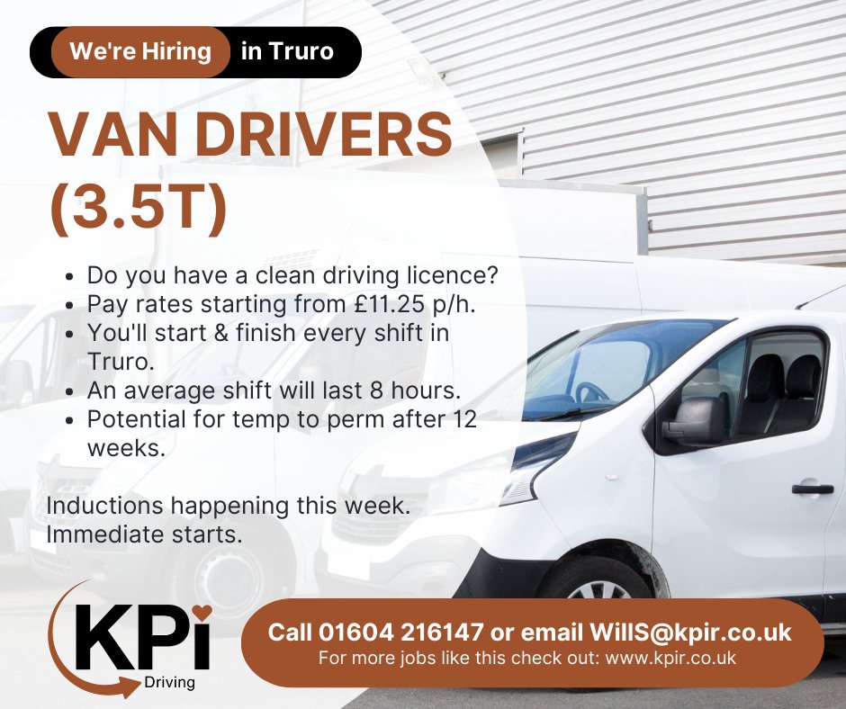 **VAN DRIVERS** Truro. From £11.25 p/h. Potential for temp to perm after 12 weeks. Immediate start! Please Call 01604 216147 or Email WillS@kpir.co.uk. To apply, visit kpir.co.uk/vacancies/van-…
#drivingjobs #vandriver #trurojobs #newquayjobs #plymouthjobs