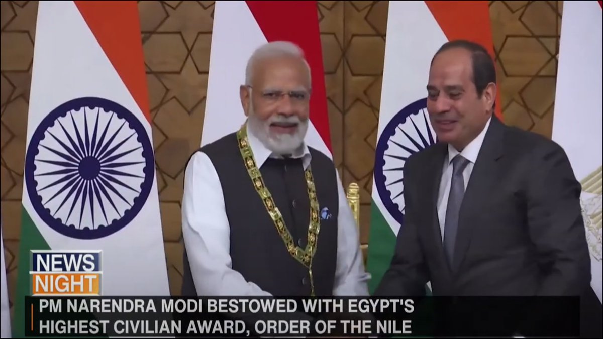 DDIndialive's tweet photo. PM @narendramodi conferred with the highest civilian honour of Egypt, the 'Order of the Nile', by President Abdel Fattah El-Sisi
WATCH: https://t.co/6KxDdRd1fw
@PMOIndia #PMModiInEgypt #PMModiEgyptVisit https://t.co/KRMcjGpHGd