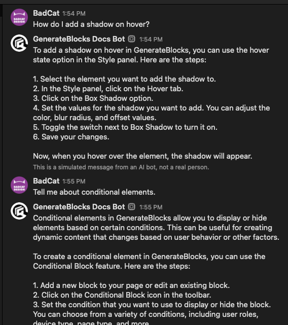 BadCat's tweet photo. If you use #WordPress #GenerateBlocks, I created a tiny #ai bot that helps answer your questions by searching through the official documentation. It's based on Wavelength App (on iOS os macOS) and ChatGPT. Get it https://t.co/VHZ4BFqHQm https://t.co/5t7w81nnc6