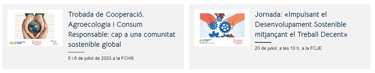 Al juliol ens espera un mes carregat d’activitats a @UJIuniversitat !
📅5 i 6 Trobada #Cooperació, #Agroecologia #ConsumResponsable
📝my.mtr.cool/lghhdzyetv 

📅  20 : Jornada Impulsant el Desenvolupament Sostenible mitjançant #TreballDecent
📝 my.mtr.cool/nvjvklupms