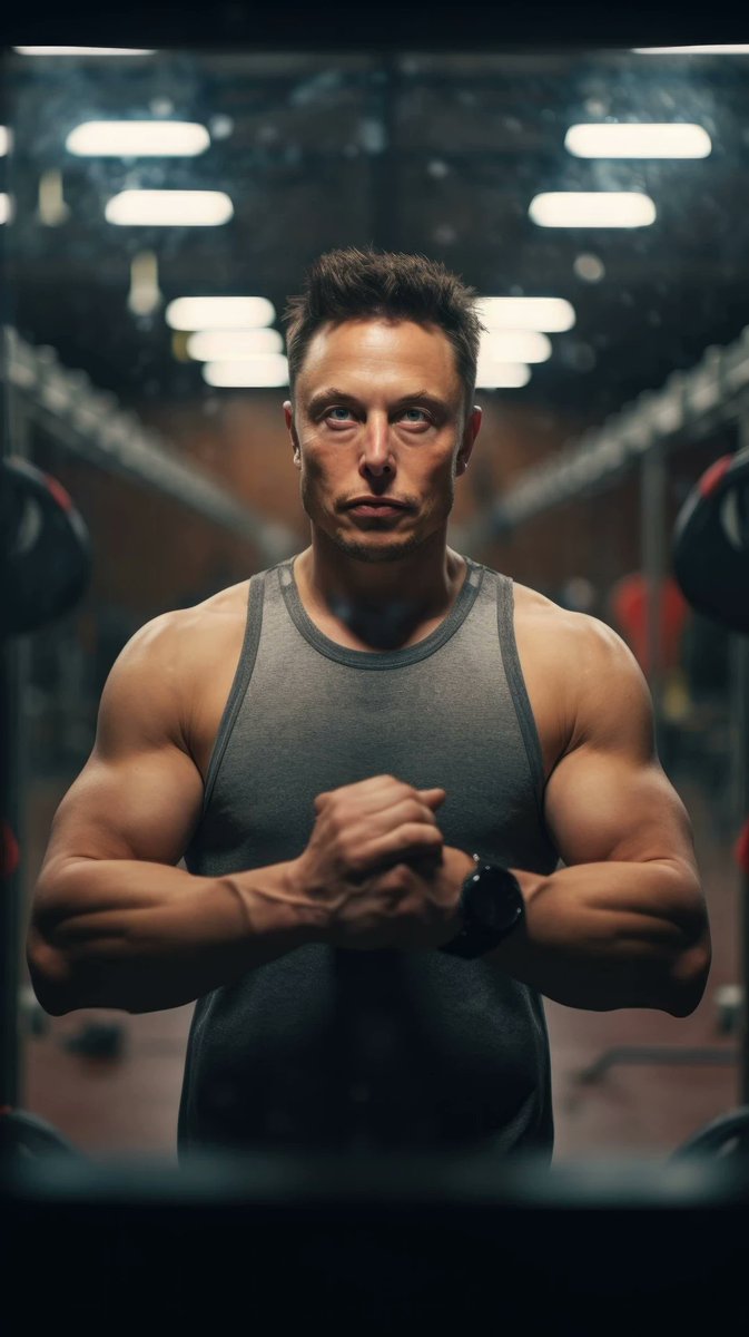 An immersive portrait of Elon Musk, his MMA fighter avatar reflecting in the sweat-specked mirror of a training gym
 #Person #Muscle #Chest #Bodybuilding #Humanface #Sport #Man #Bodybuilder #Physicalfitness #Elbow #Barechested #Maleperson #Aggression #Fitnessprofessional...