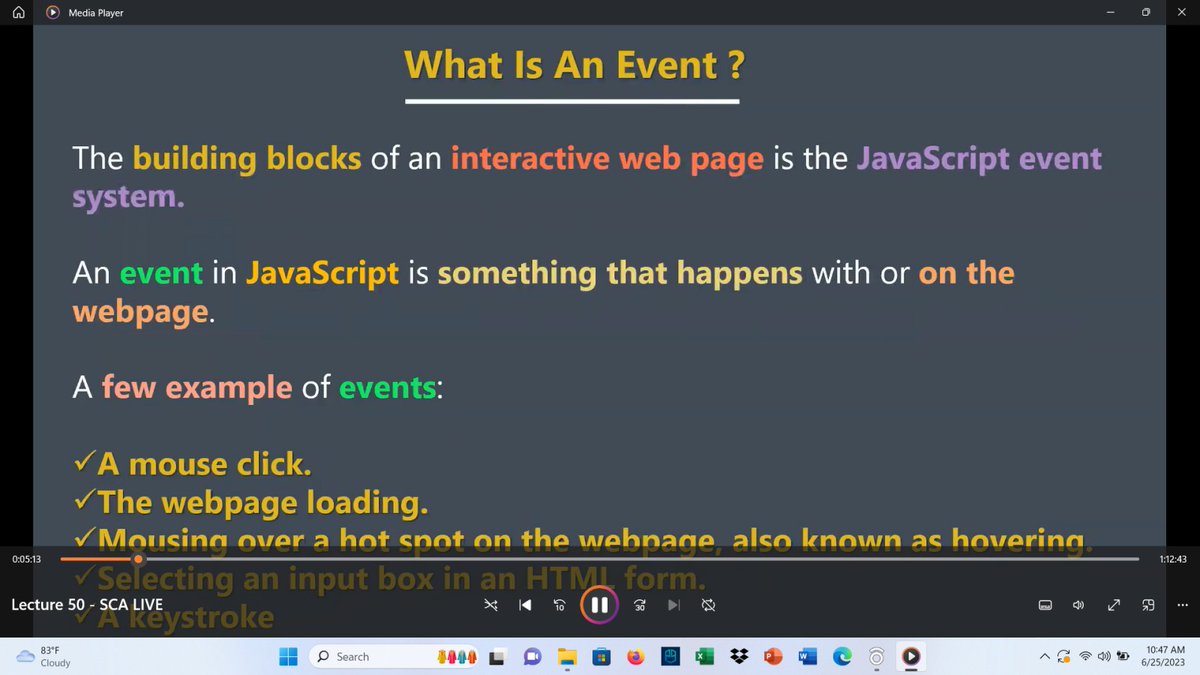 Nisha bhatt (@nishabhattnisha) on Twitter photo 2023-06-25 18:05:14 Day25
Update 🙌
#LearningWithLeapfrog
Today I learned Event handling in JavaScript.
.Event categories
.ways of Handling
-mouse event
-key event
-form event
-General event,so more.....
#60DaysOfLearningWithLeapfrog
#LearningWithLeapfrog2023
#LSPPLearningD25 Day25
Update 🙌
#LearningWithLeapfrog
Today I learned Event handling in JavaScript.
.Event categories
.ways of Handling
-mouse event
-key event
-form event
-General event,so more.....
#60DaysOfLearningWithLeapfrog
#LearningWithLeapfrog2023
#LSPPLearningD25