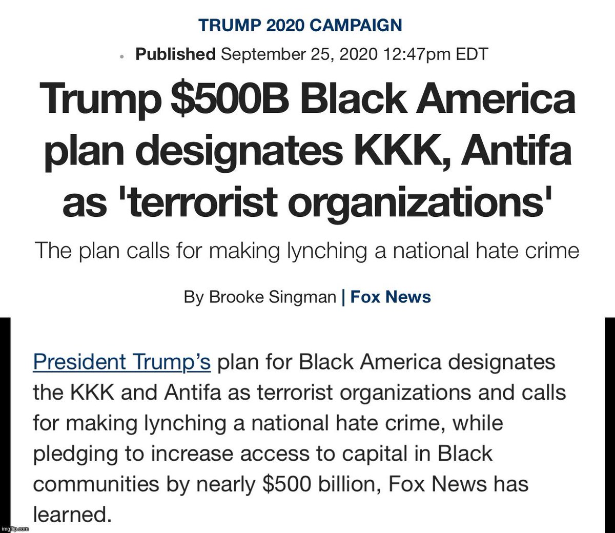 Just one of the many things that makes Trump a modern day civil rights hero — Ice Cube worked with Trump to develop the Platinum Plan which was to address the racial wealth gap by allocating $500 billion to impoverished Black Communities foster entrepreneurship/opportunity zones.