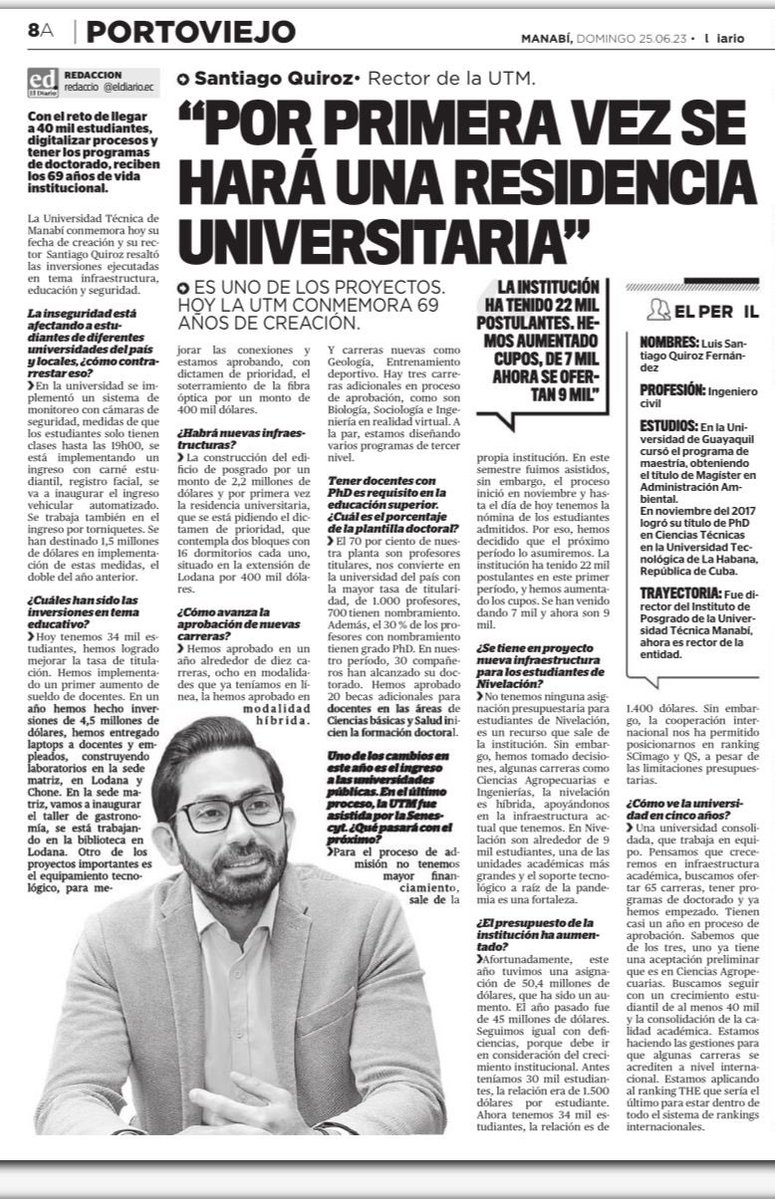 santiagoquirof's tweet photo. 69 años siendo líderes, generando nuevos espacios de ciencia, investigación y vinculación.

Mi @UTMManabi está en franco crecimiento, y hoy en su día me llena de honor ser su Rector, y continuar articulando acciones en beneficio de los estudiantes, la provincia y el país. 🔰🙌🏻 https://t.co/yQCovGcPzy