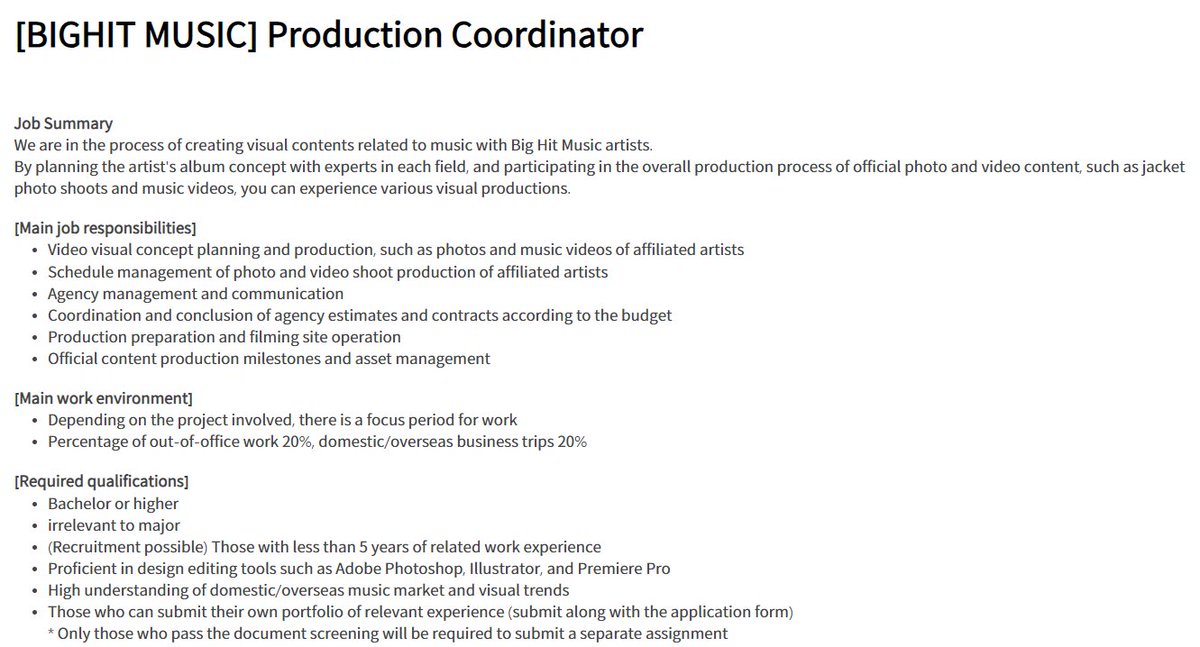 BTSARMYJobBoard's tweet photo. Hi ARMYs! 🤗 @BIGHIT_MUSIC has opening for Production Coordinator

Practice wisdom while applying. 💜

https://t.co/gs0k6F9Qqb

#BAJBSouthKorea #BAJBDesign 

*Rough translation via google translate. https://t.co/jDmNj8RcPR
