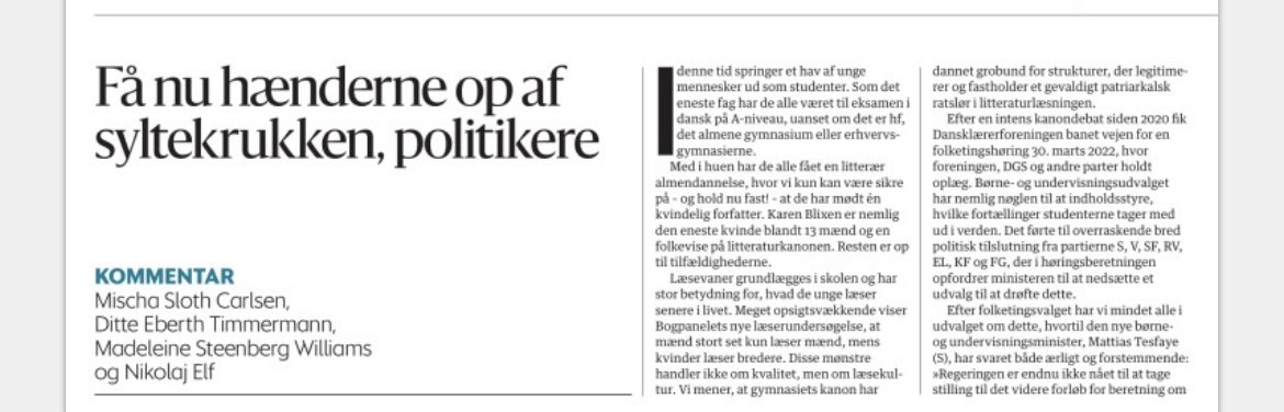 Samfundet ændre sig og det skal Dansk litteraturkanonlisten også! Karen Blixen er nemlig den eneste kvinde blandt 13 mænd på kanonenlisten. Det skal laves om, det skriver jeg om sammen med medlemmer af Dansklærerforeningen i @berlingske #uddpol #dkpol