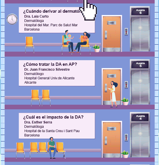 TodoDermatitis's tweet photo. ¿Cómo tratar la #DermatitisAtópica en #AtenciónPrimaria?
👨⚕️Nos lo explica en la 5ª planta del #HospitalAD el dermatólogo Dr. Juan Francisco Silvestre.
🏥Encuentra en cada planta un vídeo + pdf descargable sobre DA dirigido a profesionales de AP.
👉 https://t.co/5t5tNbANdQ https://t.co/Df0FJXrgx8