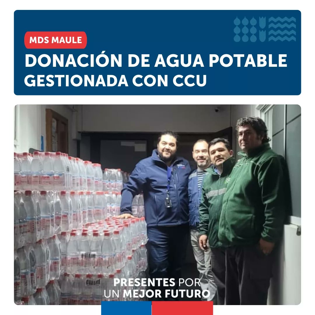 Nuestro equipo de la Seremi <a href="/MDSMaule/">Seremi Desarrollo Social y Familia Maule</a> gestionó una donación de <a href="/ccu_cl/">CCU</a> en 6336 botellas de agua potable 💧 para ir en apoyo de las personas que más necesidad tienen en medio de esta emergencia 🔴

#PresentesPorUnMejorFuturo