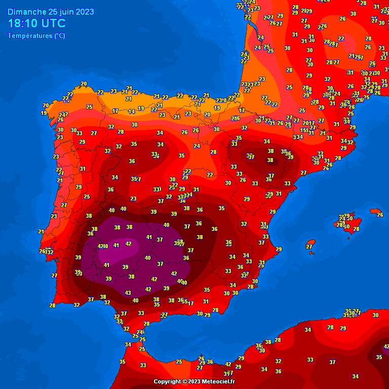 Fierce heat wave in Iberian Peninsula and Morocco.
Temperatures reached 45.8C at Marrakech in Morocco,43.7C at El Granado in Spain and 42.6C at Amaraleja in Portugal.
Records were broken in Spain like Jerez de la Frontera with 41.6C
