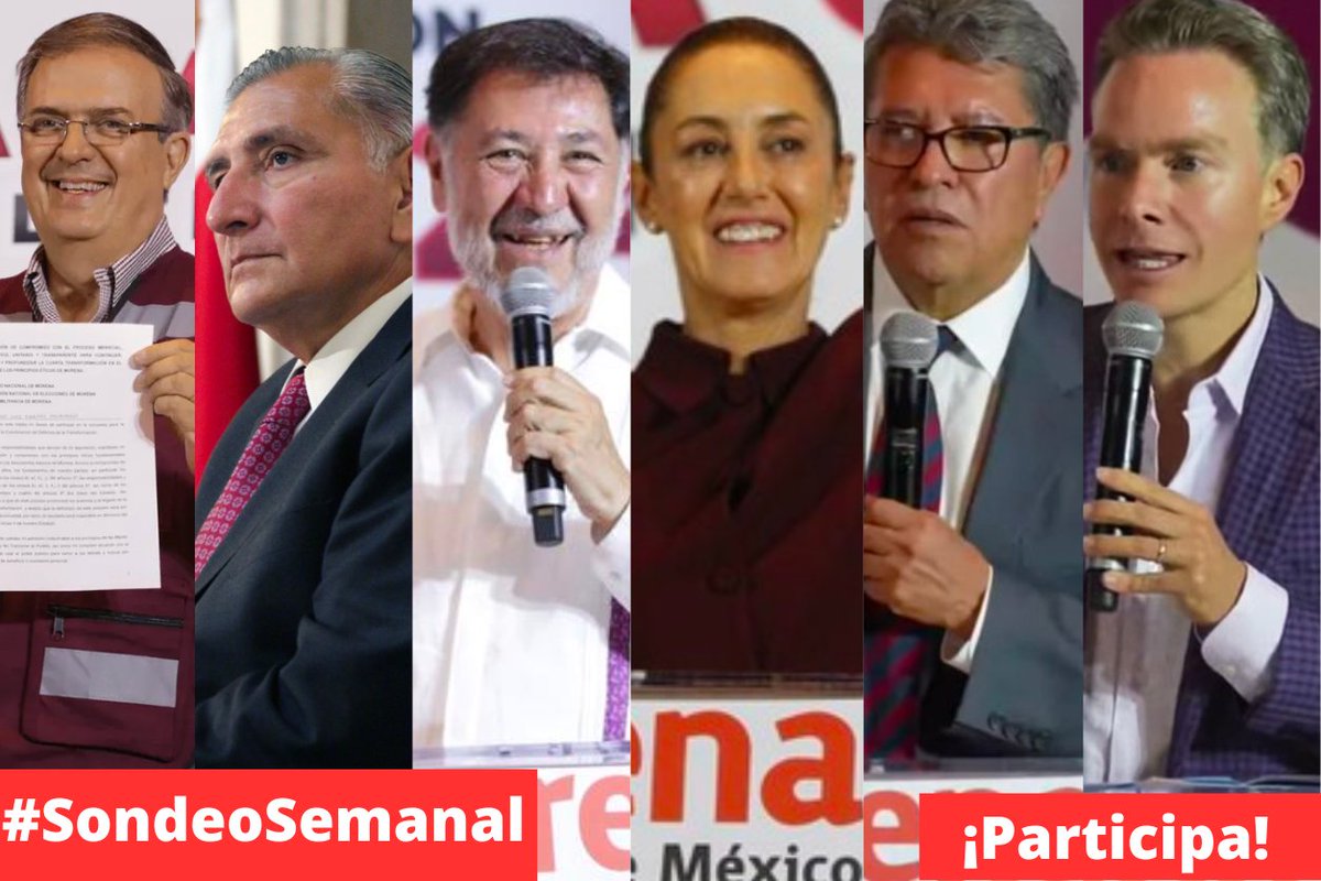 Sondeo semanal...

En la primer semana de competencia de los Candidatos a la Presidencia por MORENA.

Para tí, ¿quién va adelante?

A) Marcelo Ebrard
B) Adán Augusto
C) Fernández Noroña
D) Claudia Sheinbaum
E) Ricardo Monreal
F) Manuel Velasco

¿Quién va adelante? 🤔