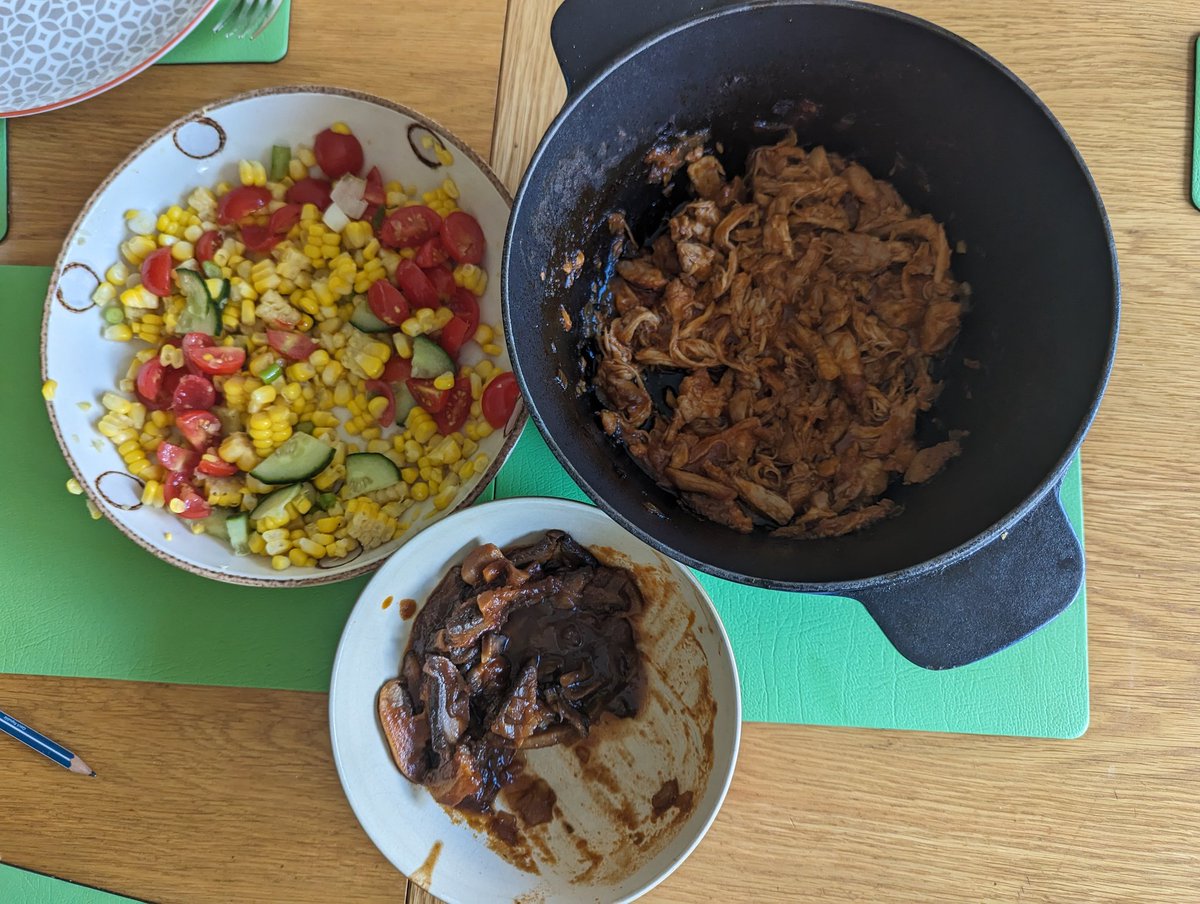 Delicious summer dinner, pulled chicken bbq with corn salsa and bbq mushrooms, made by 12yo, #eat2explore #mondayleftovers
