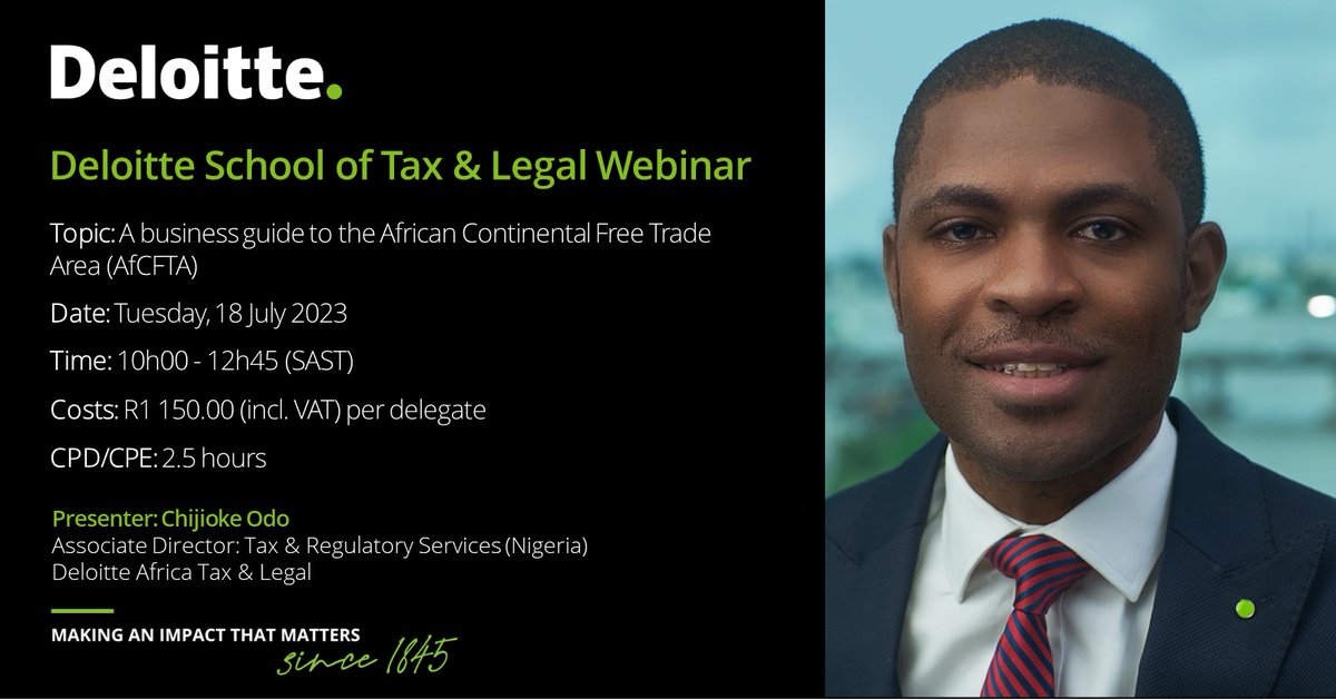 realChijiokeOdo's tweet image. The AfCFTA, one of the flagship projects for Africa's 2063 Agenda, is amongst the most topical subjects out of Africa. If you are still in the dark about the AfCFTA and/or wondering what to do as a business, join us for the Deloitte School of Tax webinar on the AfCFTA. Register…