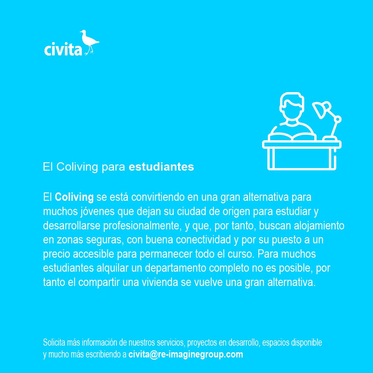 El Coliving una solución accesible y segura para estudiantes y profesionales.

Solicita más información de nuestros espacios que pondremos a tu disposición en Santiago y regiones escribiendo a civita@re-imaginegroup.com 

#coliving #hogar #alquiler #Estudiantes #flexibilidad