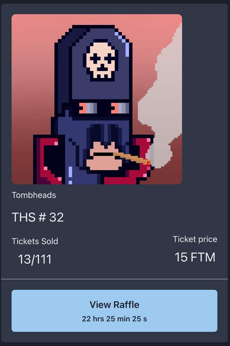 RAFFLE OF THE WEEK!

The best is up last; we have a raffle for a OG <a href="/tombheads/">Zorro 🏴‍☠️</a> on <a href="/jpegooor/">JPEGOOOR</a> ending within 24 hours.

With only 15 $FTM, you currently have a 7.69% probability of winning (you can buy more tickets to increase your winning chances).

@ftm_ecologist <a href="/edgetechnician/">edgetechnician</a>