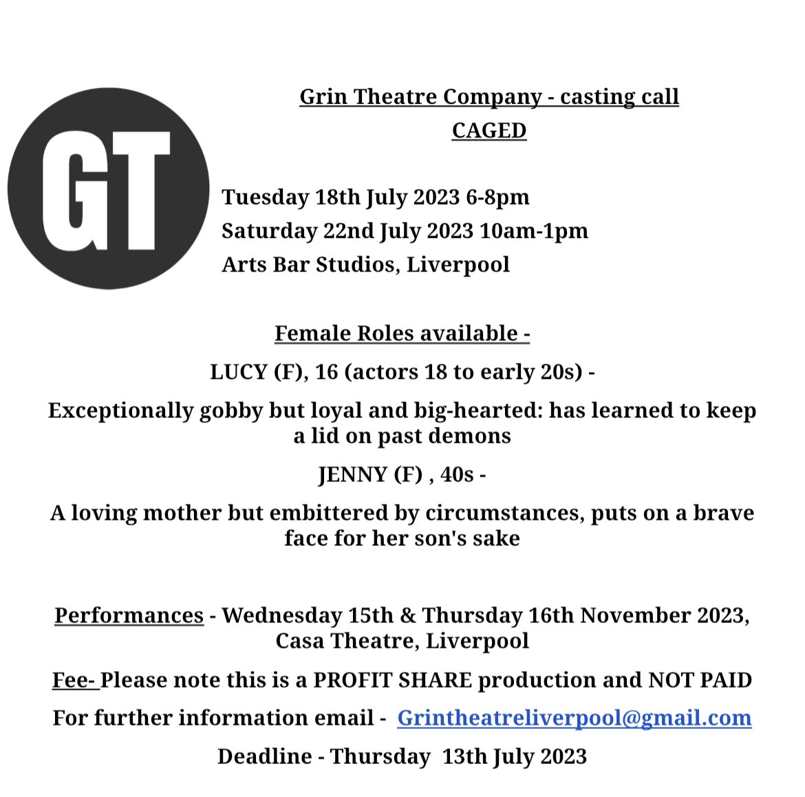 Caged auditions! Email Grintheatreliverpool@gmail.com for more information and to express interest

#liverpool #liverpooltheatre #lgbttheatrecommunity #audition #femaleactor #liverpoolaudition