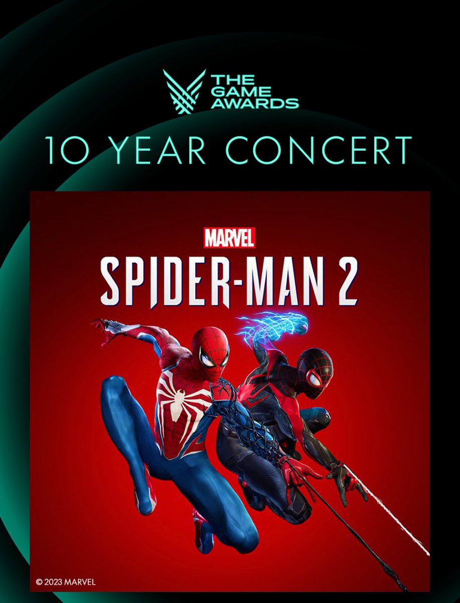 #MarvelSpiderMan2 is coming to The Game Awards 10-Year Concert, tonight @HollywoodBowl 

Hear the world premiere of the title track, performed by the Hollywood Bowl Orchestra. 
#SpiderMan2PS5 #BeGreaterTogether