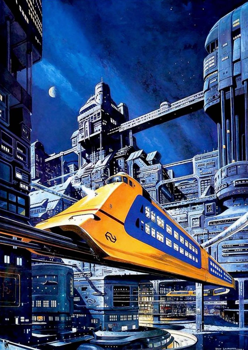 WgSiFriesland's tweet photo. @70sscifi Sorry to be the Party Pooper: That s a drawing from 1989. This was specially drawn for the 150th anniversary of the NS (Dutch Railways) called: "The Railway of the future." 

A future sketch that should show what the NS might look like 25 years later... https://t.co/gwXEReZOso