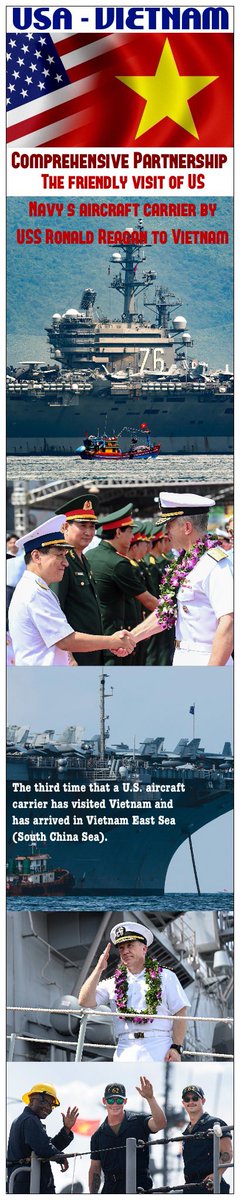 justtodo18's tweet photo. The friendly visit of #USNavy's aircraft carrier by #USSRonaldReagan to #Vietnam celebrates the 10-year anniversary of the Vietnam-U.S. #ComprehensivePartnership
The third time that a U.S. aircraft carrier has visited Vietnam and has arrived in #VietnamEastSea (#SouthChinaSea). https://t.co/ZO6mHhYUqQ