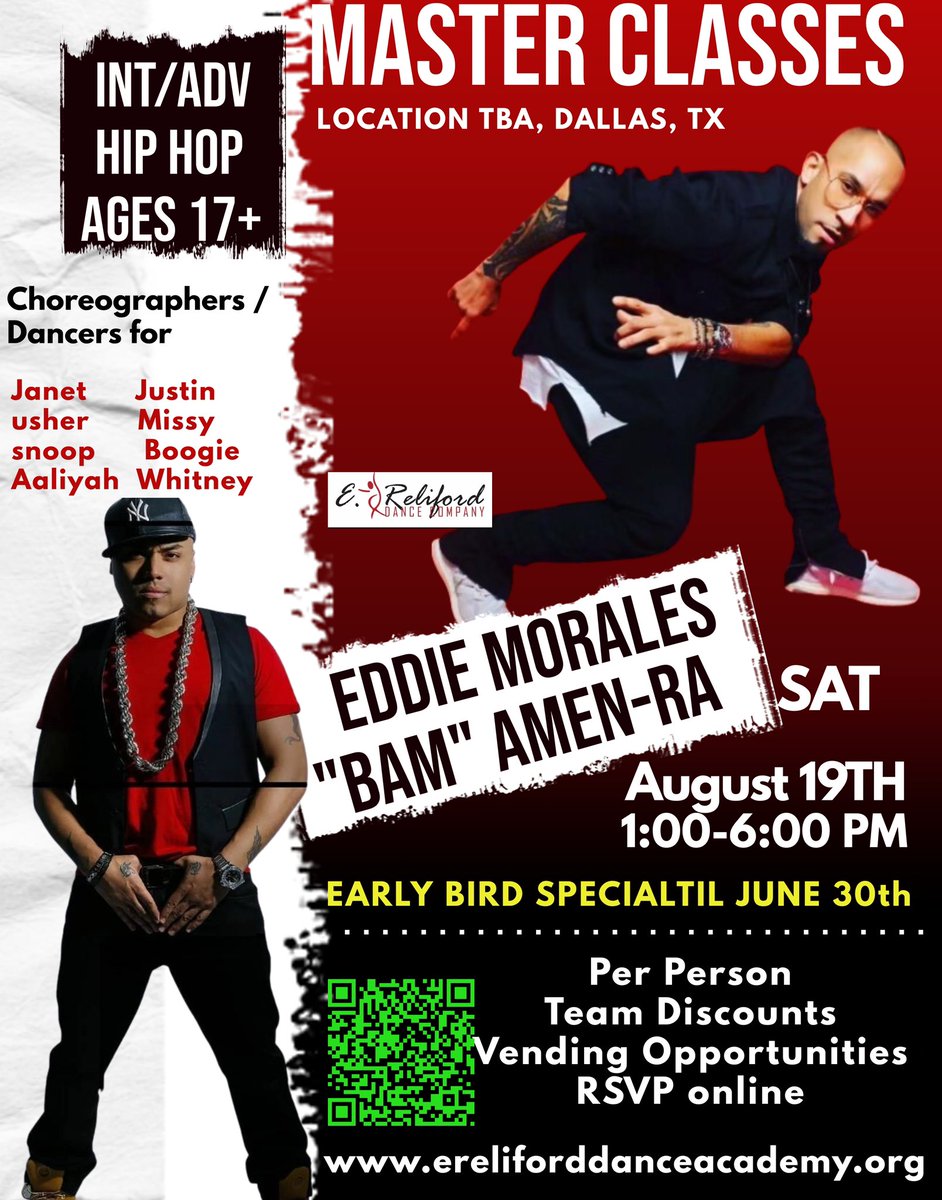 RelifordDance's tweet photo. Hip Hop workshop with dance icon, Eddie Morales @emoofficial718 and “BAM” Amen-Ra Valentine @bam2amenra

♦️ Saturday 8/19 1:00 PM- 6:00PM.  Location will be emailed; TBA Dallas, Texas.  Int/Adv levels, age 17 and up. $30 per person.  Sign up online:  https://t.co/XXrOXfRbFu https://t.co/JgFyvwoxCV