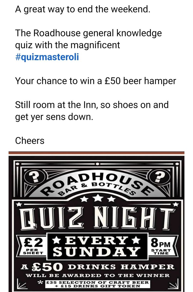 If your quick you'll catch our general knowledge quiz. A great way to end a lovely weekend. With the magnificent quizmaster <a href="/ojb500/">Oliver B.</a>
Cheers <a href="/HelpRotherham/">Help Rotherham</a>