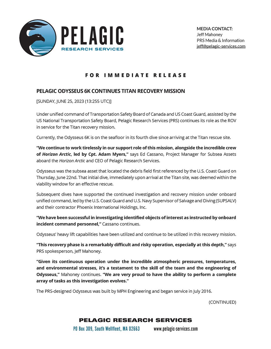 PelagicResearch's tweet photo. PELAGIC ODYSSEUS 6K Continues Titan Recovery Mission https://t.co/UOc3hko1Ql