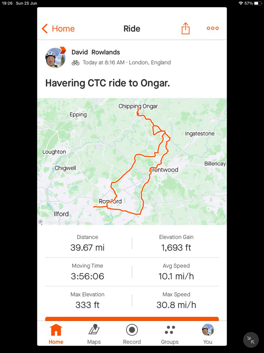 8 inc new rider Alison for our hot ride to Ongar earlier. Forecast said high of 31° so took a shady route to KG Coffee and a takeaway in the shade across the road. 2 went on to Abbess Roding, the rest went home into a cooling headwind.