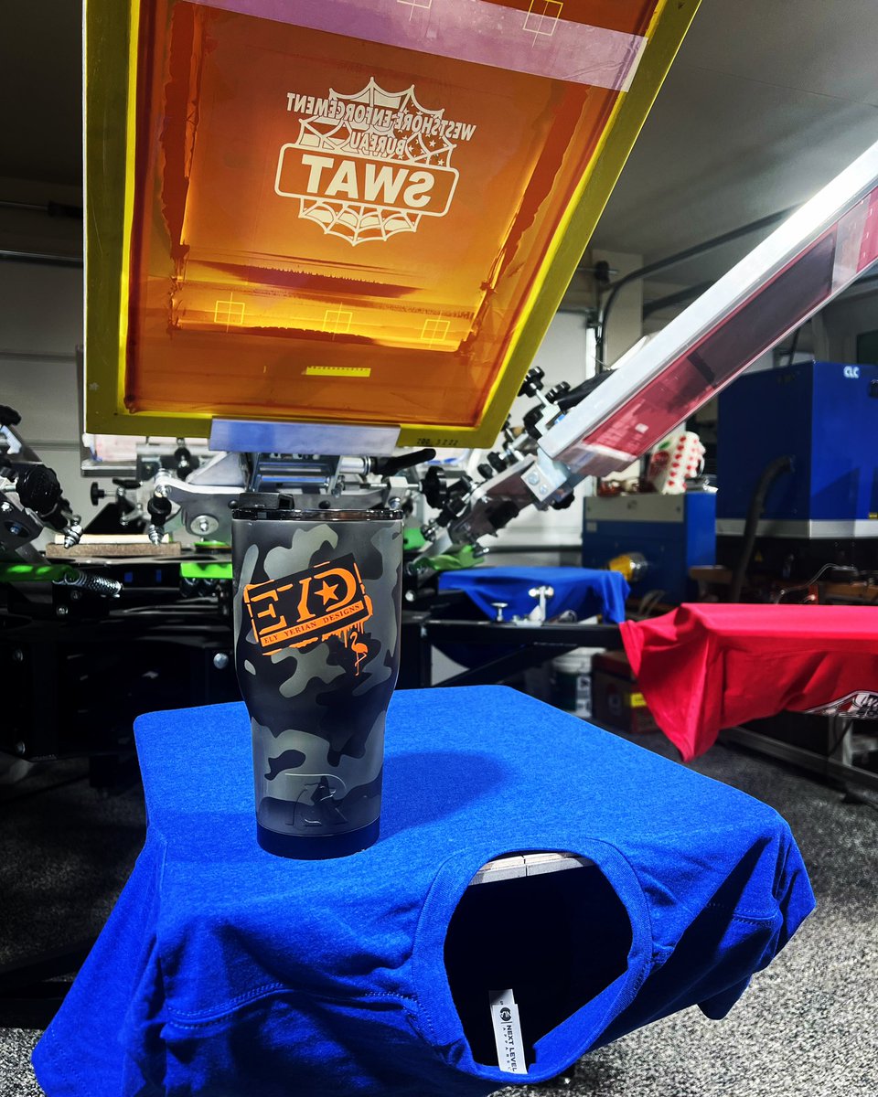 HoldwayCustoms's tweet photo. Throwing down the front print for the Westshore SWAT shirts we started last weekend.   We’ll throw out the finished front design a little later today!    And….my ice tea cup is cooler than yours!   @ely_yerian_designs @holdwaycustoms #holdwaycustoms #screenprint #screenprinting https://t.co/6r8xLaHVYm