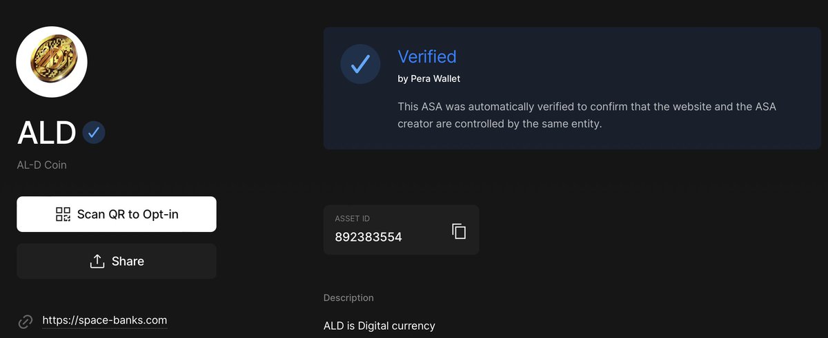 Boooom!! 
$ALD  is  Verified 🐉🐉

Please check your Pella Wallet!！

explorer.perawallet.app/assets/8923835…