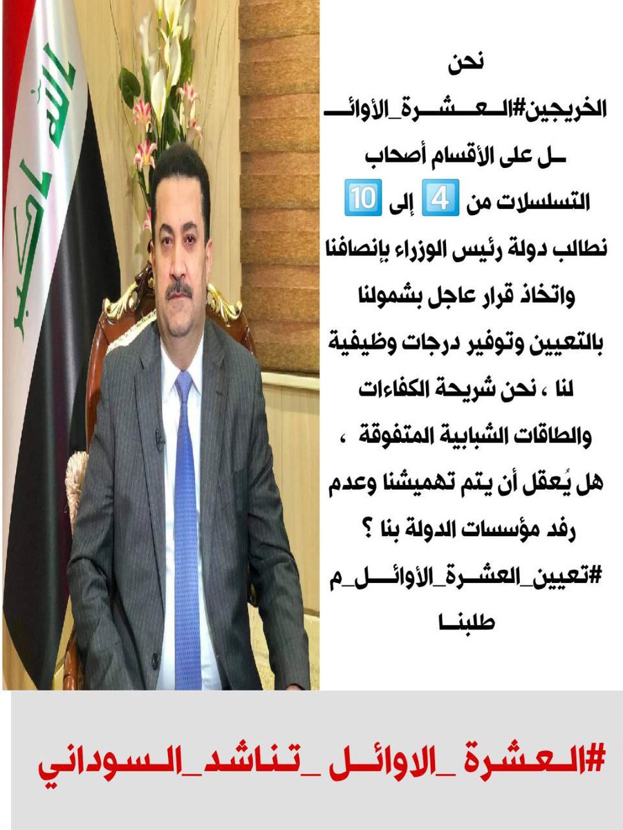 لسيد دولة رئيس الوزراء 
نحن ‌ العشرة_الاوائل⁩  لا نكل  ولا نسكت إلا وناخذ حقنا الذي سلبتموه أمام أعيننا واقصيتمونا من غير وجه حق وسنبقى محتجين ومتظاهرين لحين نيل المطالب فالموت أهون من ان تسلب حقوقنا لا نريد سوى الإنصاف وتعيينا إسوة بالثلاثة الاوائل .
‌ #اول_عشره_تناشد_السوداني