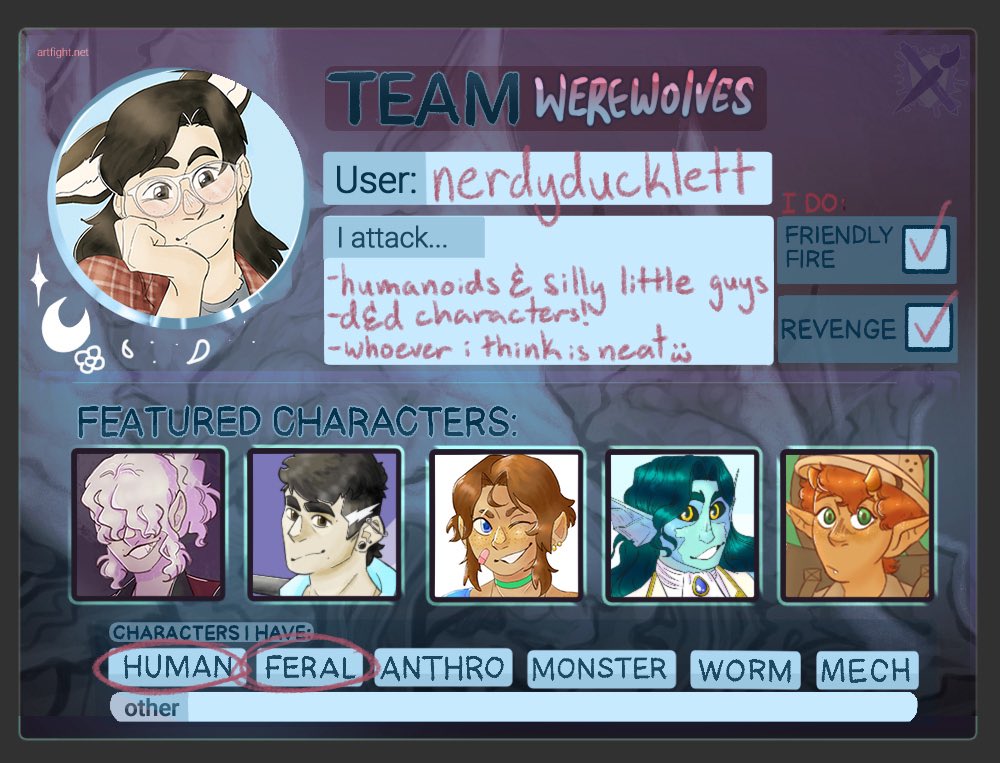 NerdyDuckling's tweet photo. Life’s been kinda crazy lately, but as always I’ll be on that artfight grind in July!! I’ll be drawing for #teamwerewolves despite the fact my first featured character is literally a vampire 🐺#artfight2023 https://t.co/zAHMw4WPkI