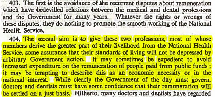 trentconsultant's tweet image. Royal Commission on Doctor’s &amp;amp; Dentist’s Pay reported in 1960. It arose from industrial unrest caused by government holding back Drs pay. Was accepted in full - despite a country broke from war &amp;amp; wracked by inflation. Could have been written yesterday @hmtreasury @Number10press